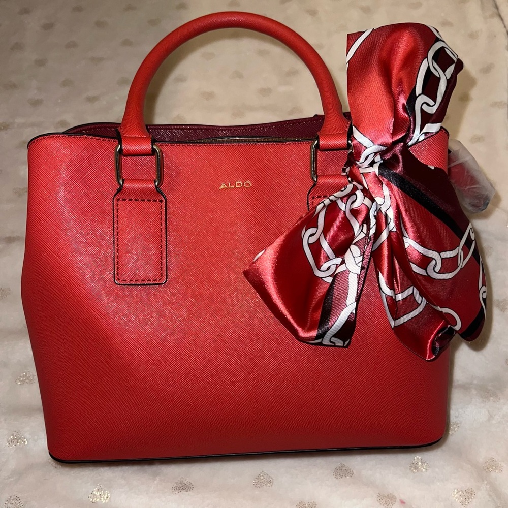Aldo Red Tote with Elegant Scarf Detail